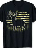 Men's & Women's Vintage Camouflage T-Shirt - American Flag Hunting Design with Deer Silhouette & Forest Camo Print, Outdoor Round Neck Tee Suitable for Hunting Season, Year-Round Wear, Machine Washable for
