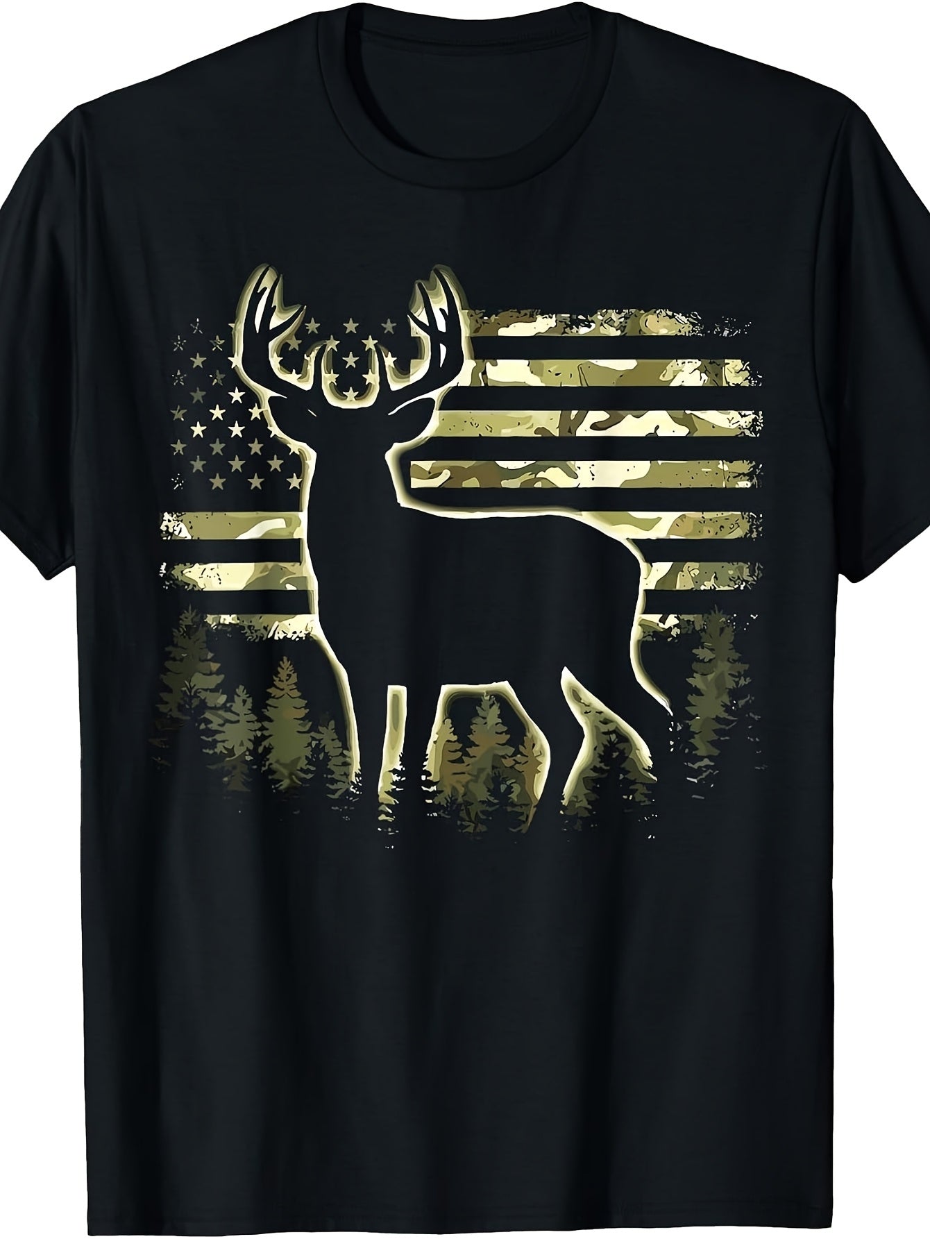 Men's & Women's Vintage Camouflage T-Shirt - American Flag Hunting Design with Deer Silhouette & Forest Camo Print, Outdoor Round Neck Tee Suitable for Hunting Season, Year-Round Wear, Machine Washable for