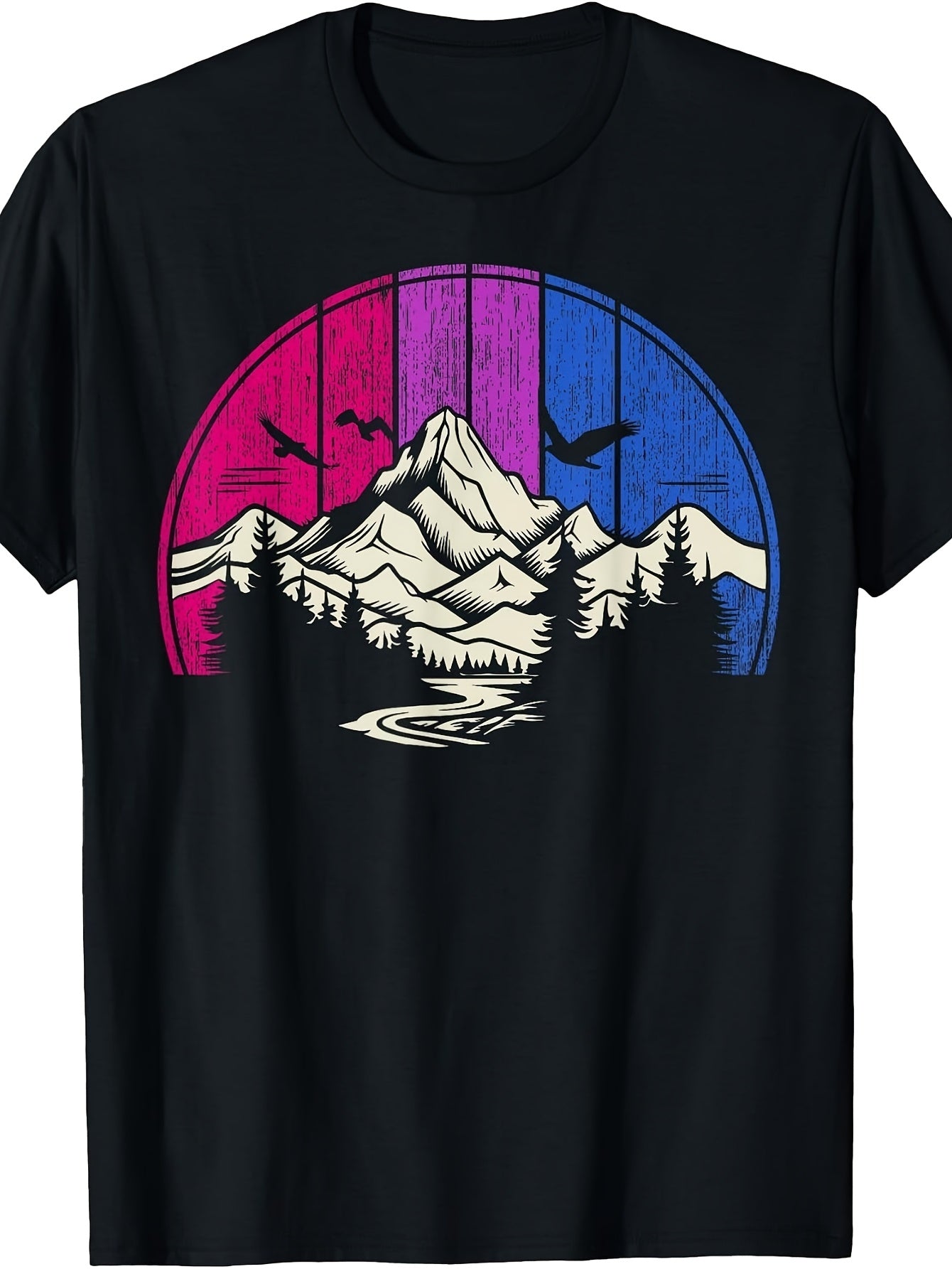 Retro Vintage Style, Men'S And Women'S T-Shirt, Colorful Mountain Landscape with Birds And River Graphic, Outdoor Hiking Camping Summer Wear