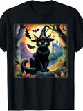 Black Cat Witch Hat Halloween Full Moon Bats Colorful Autumn T-Shirt