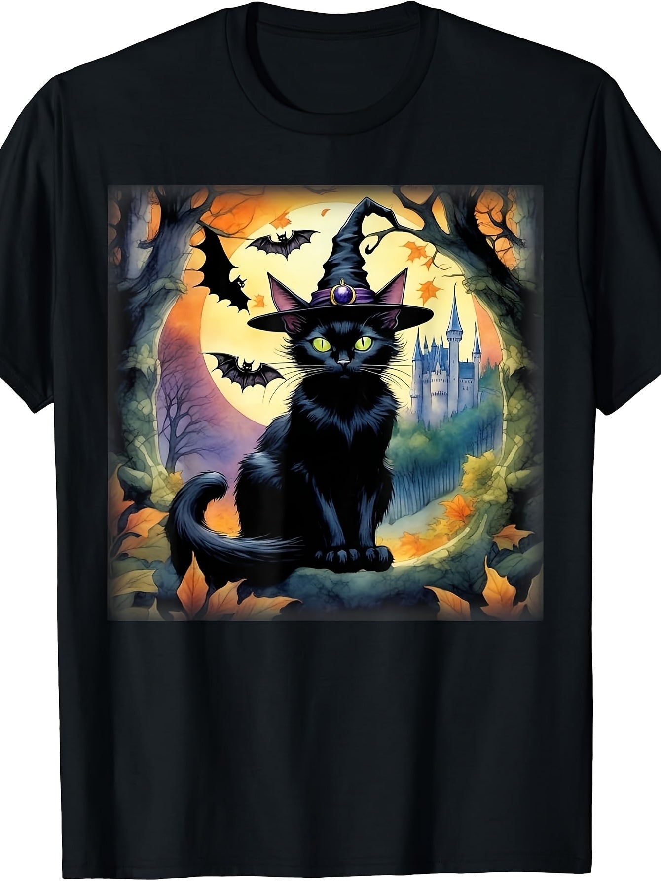 Black Cat Witch Hat Halloween Full Moon Bats Colorful Autumn T-Shirt