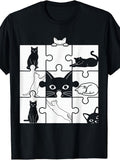 Men's And Women's T-Shirt, Funny Black Cat Puzzle Pattern, Casual Daily Wear Summer Spring Autumn
