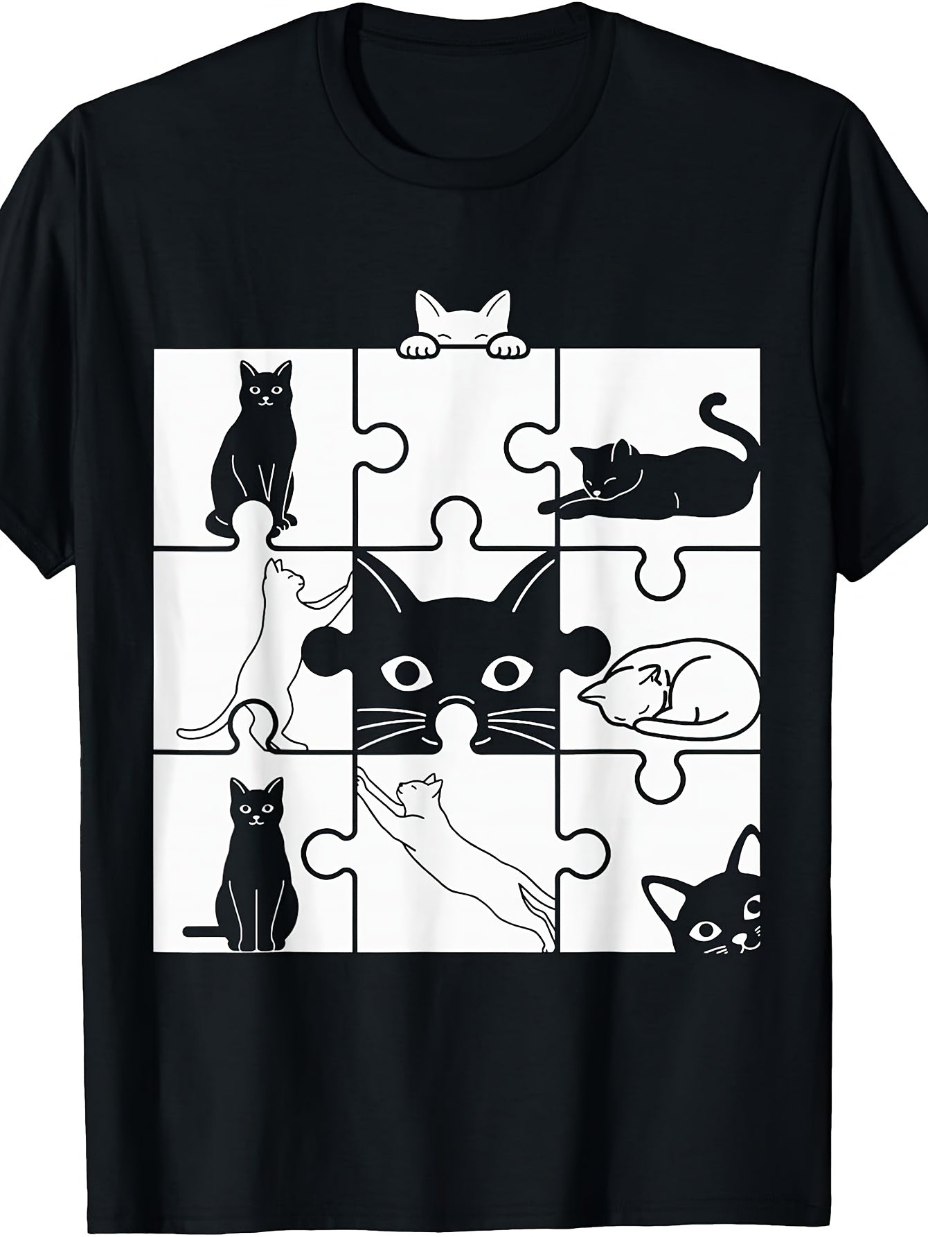 Men's And Women's T-Shirt, Funny Black Cat Puzzle Pattern, Casual Daily Wear Summer Spring Autumn