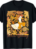 Cute Autumn Style, Men'S And Women'S T-Shirt, Falling Goosey Duck with Coffee Mug And Flowers Design, Fall Season Casual Wear