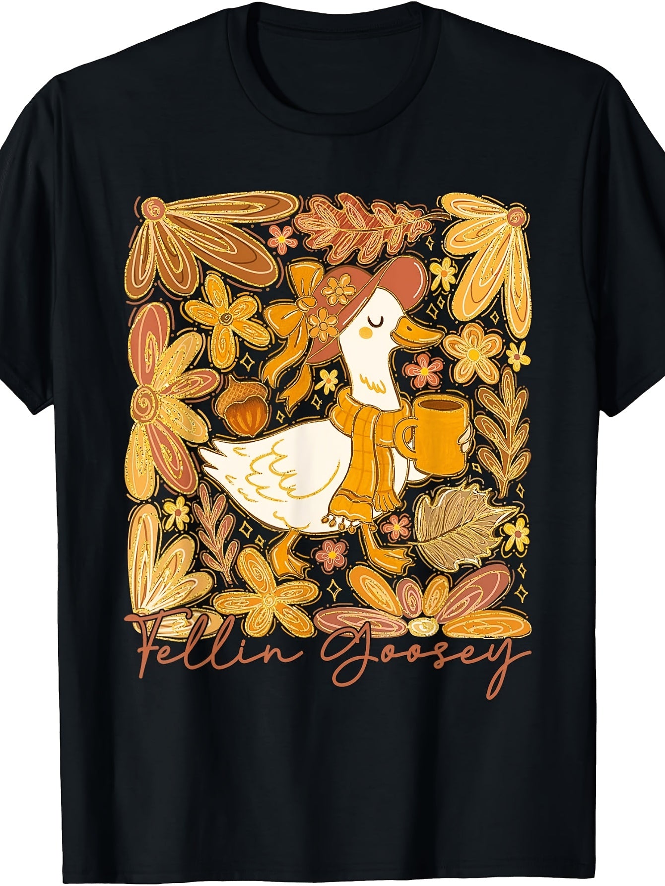 Cute Autumn Style, Men'S And Women'S T-Shirt, Falling Goosey Duck with Coffee Mug And Flowers Design, Fall Season Casual Wear