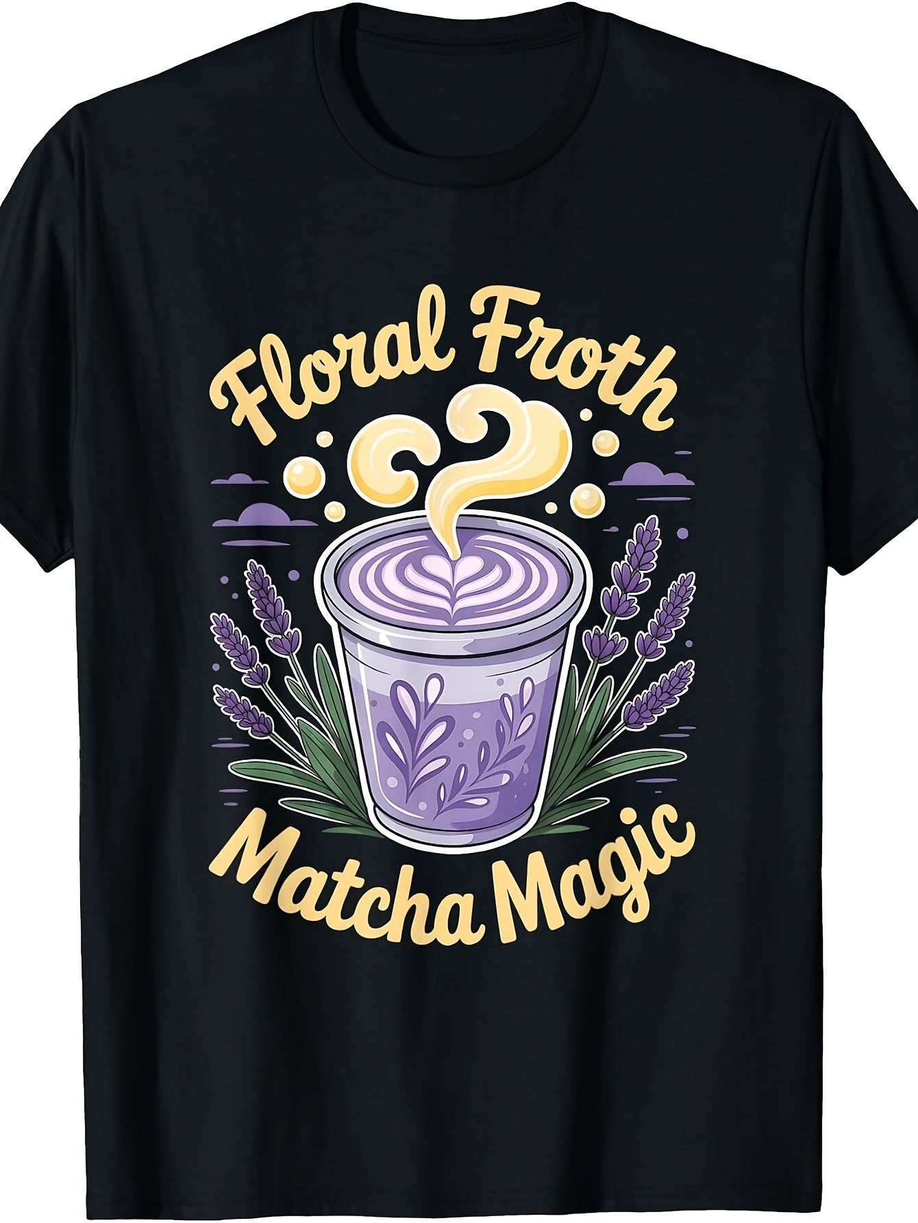 Cute Floral Froth Matcha Magic Lavender Latte Art, Men'S And Women'S T-Shirt, Summer Spring Coffee Lover Gift, Casual Daily Wear