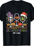 Men's & Women's Retro Hallothanksmas T-Shirt - Funny Wine Glass Design with Wine-Themed Wine Glass Graphic, Suitable for Halloween Thanksgiving Christmas Holiday Apparel, Machine Washable Casual Wear