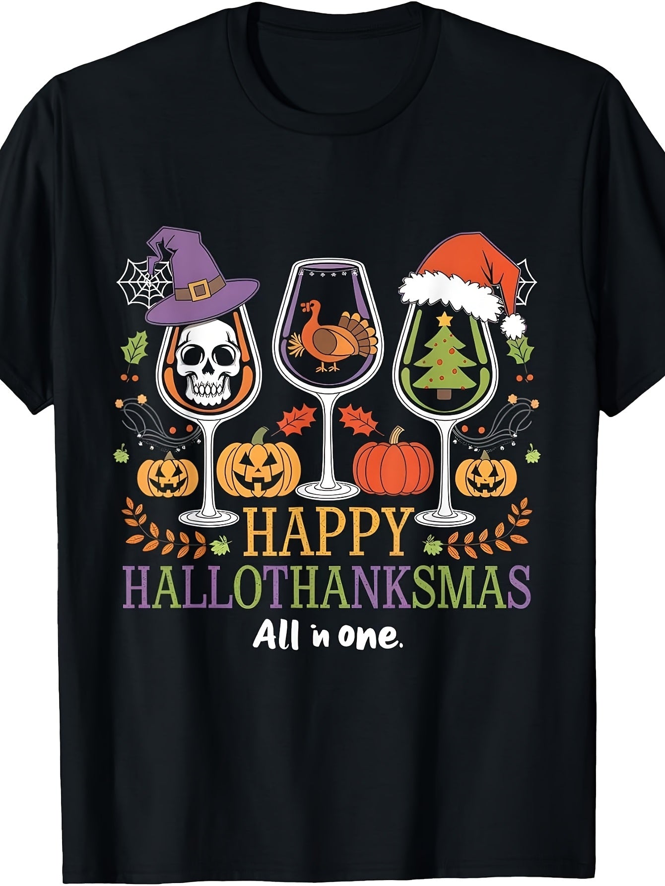 Men's & Women's Retro Hallothanksmas T-Shirt - Funny Wine Glass Design with Wine-Themed Wine Glass Graphic, Suitable for Halloween Thanksgiving Christmas Holiday Apparel, Machine Washable Casual Wear