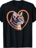 Retro Style, Men's And Women's T-Shirt, Cat In Heart Outline Design, Casual Wear Summer Spring