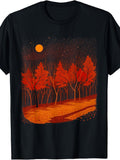 Men's & Women's Retro Autumn Forest T-Shirt with Orange Moon & Starry Night Sky - Round Neck Regular Fit Casual Outdoor Wear Suitable for Fall Season, Machine Washable Digital Print for Hikers, Lovers, Themed Events