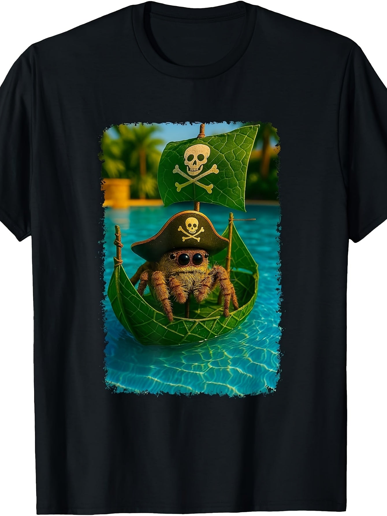 Men's And Women's T-Shirt, Funny Pirate Spider In Leaf Boat with Skull And Crossbones Flag, Summer Beach Vacation Wear