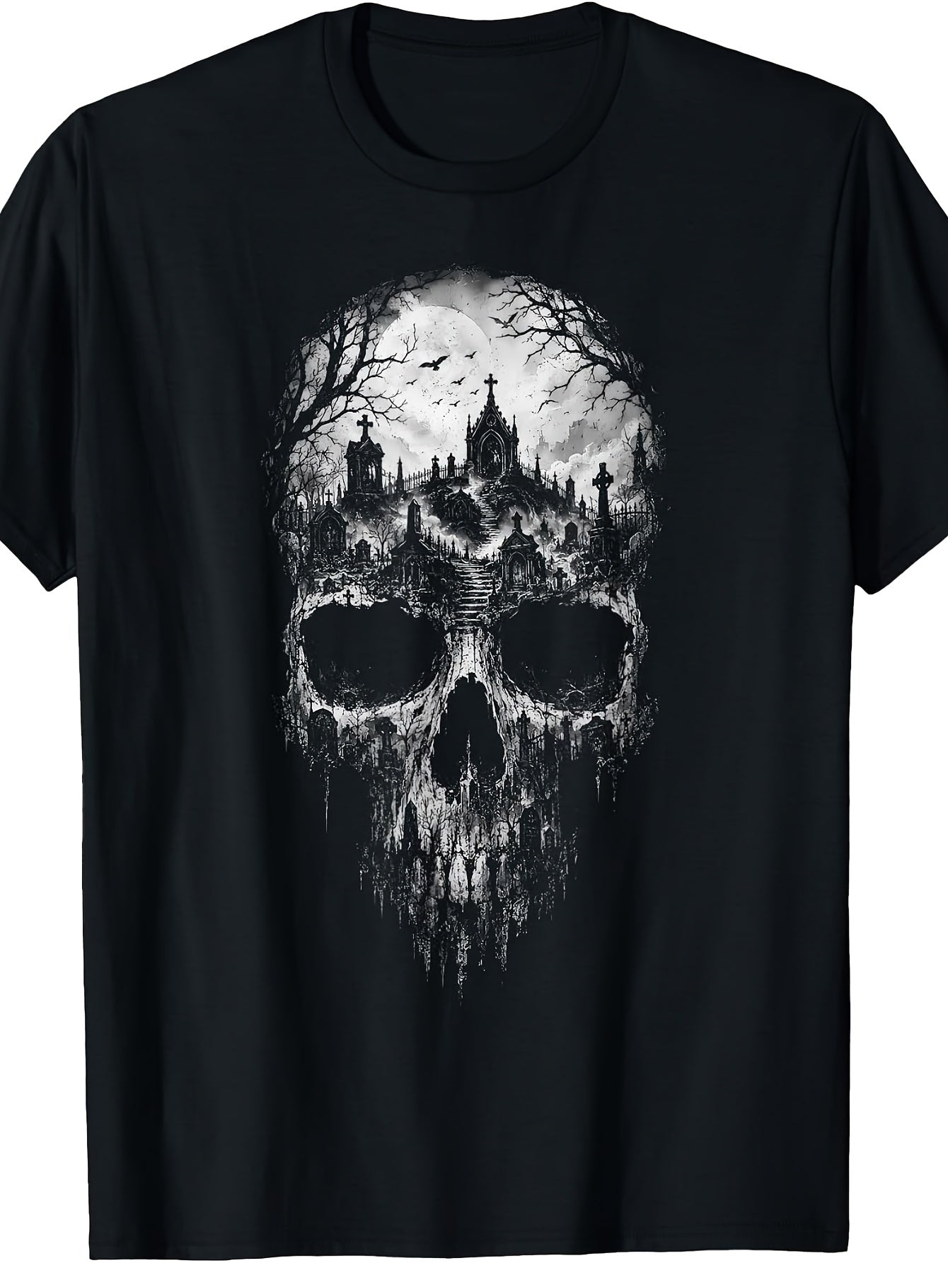 Gothic Skull Graveyard Moon Horror Halloween Cemetery T-Shirt