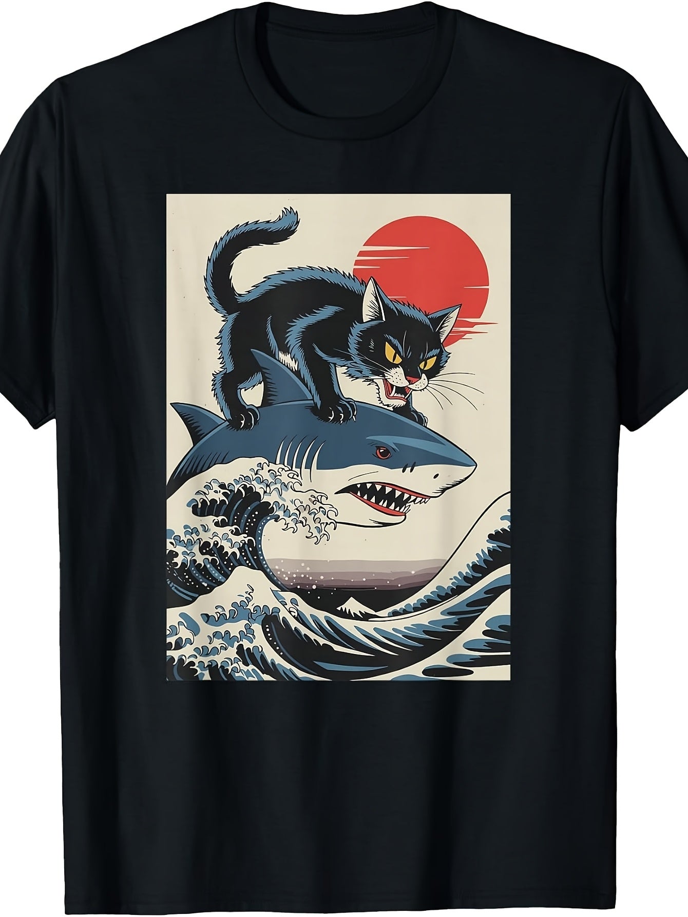 Cat Riding Shark Japanese Wave Ocean Sun Funny Cool T-Shirt
