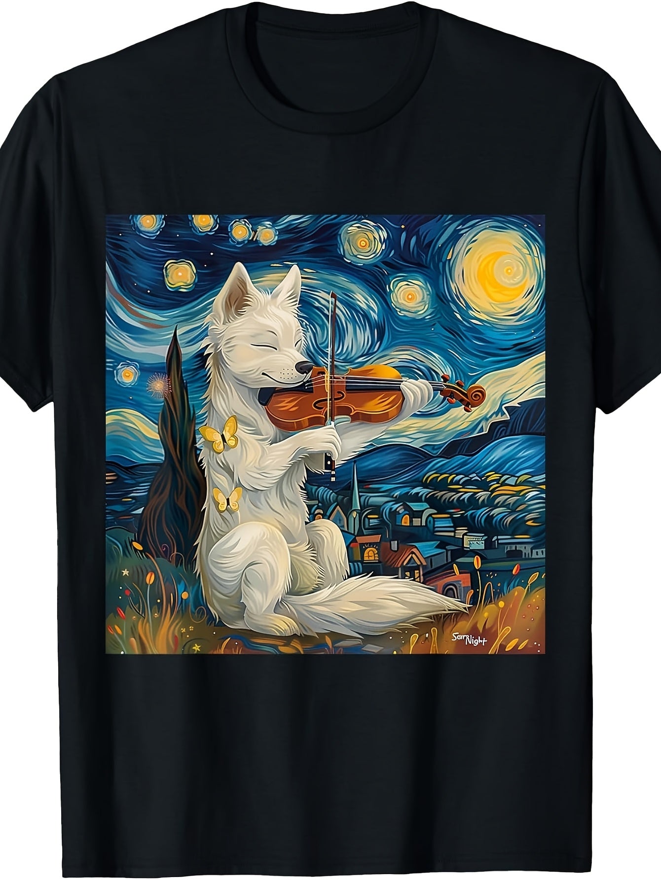 Funny Wolf Starry Night Van Gogh Sky Painting T-Shirt