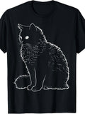 Men'S And Women'S T-Shirt, Curly Cat Outline Design, Casual Daily Wear Spring Summer Fall