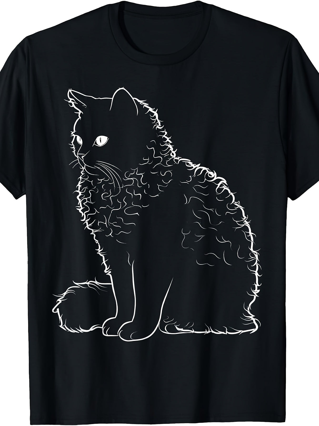 Men'S And Women'S T-Shirt, Curly Cat Outline Design, Casual Daily Wear Spring Summer Fall