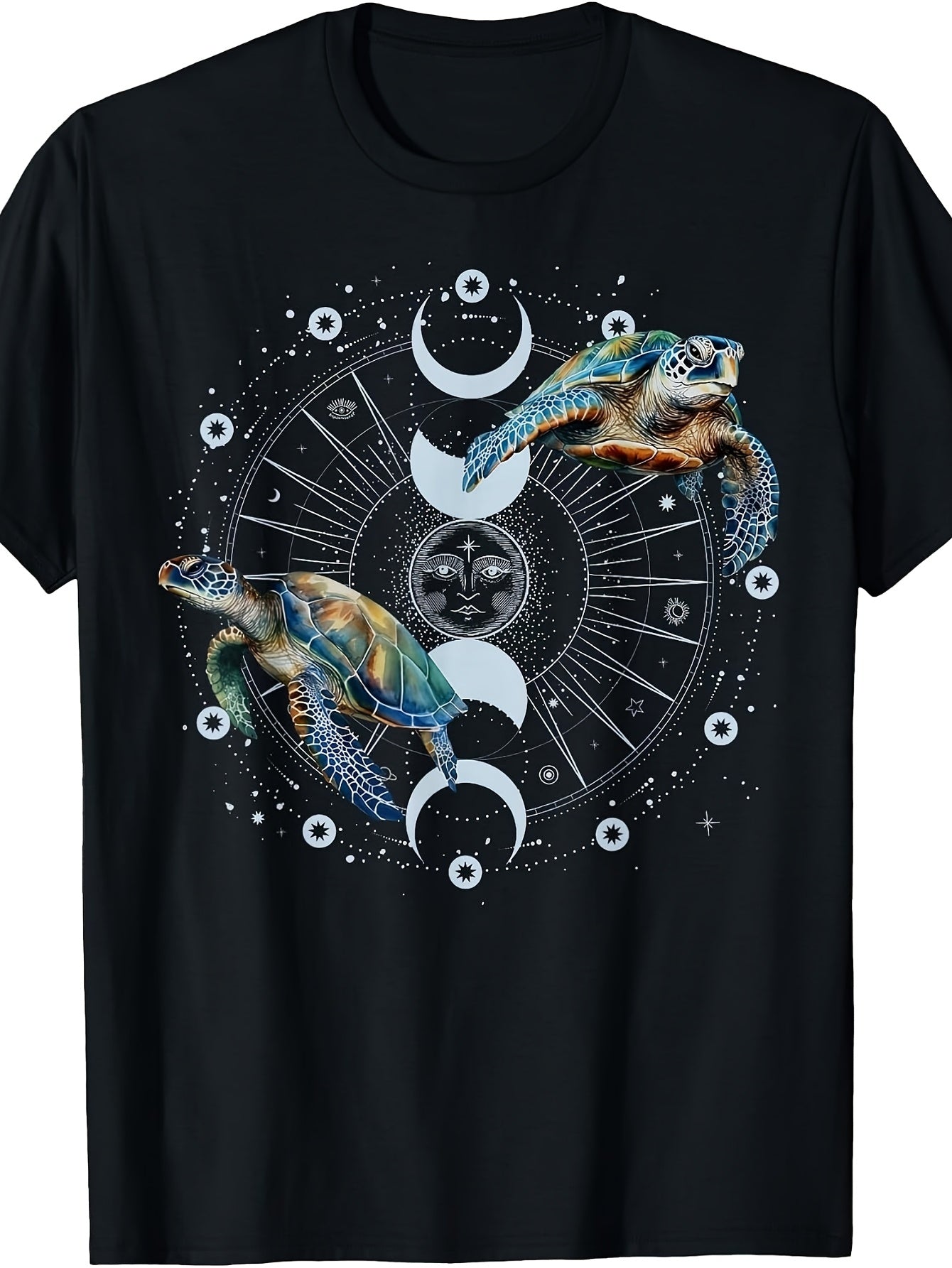 Mystical Style, Men'S And Women'S T-Shirt, Sea Turtles with Moon Phases And Celestial Design, Casual Wear Summer Spring