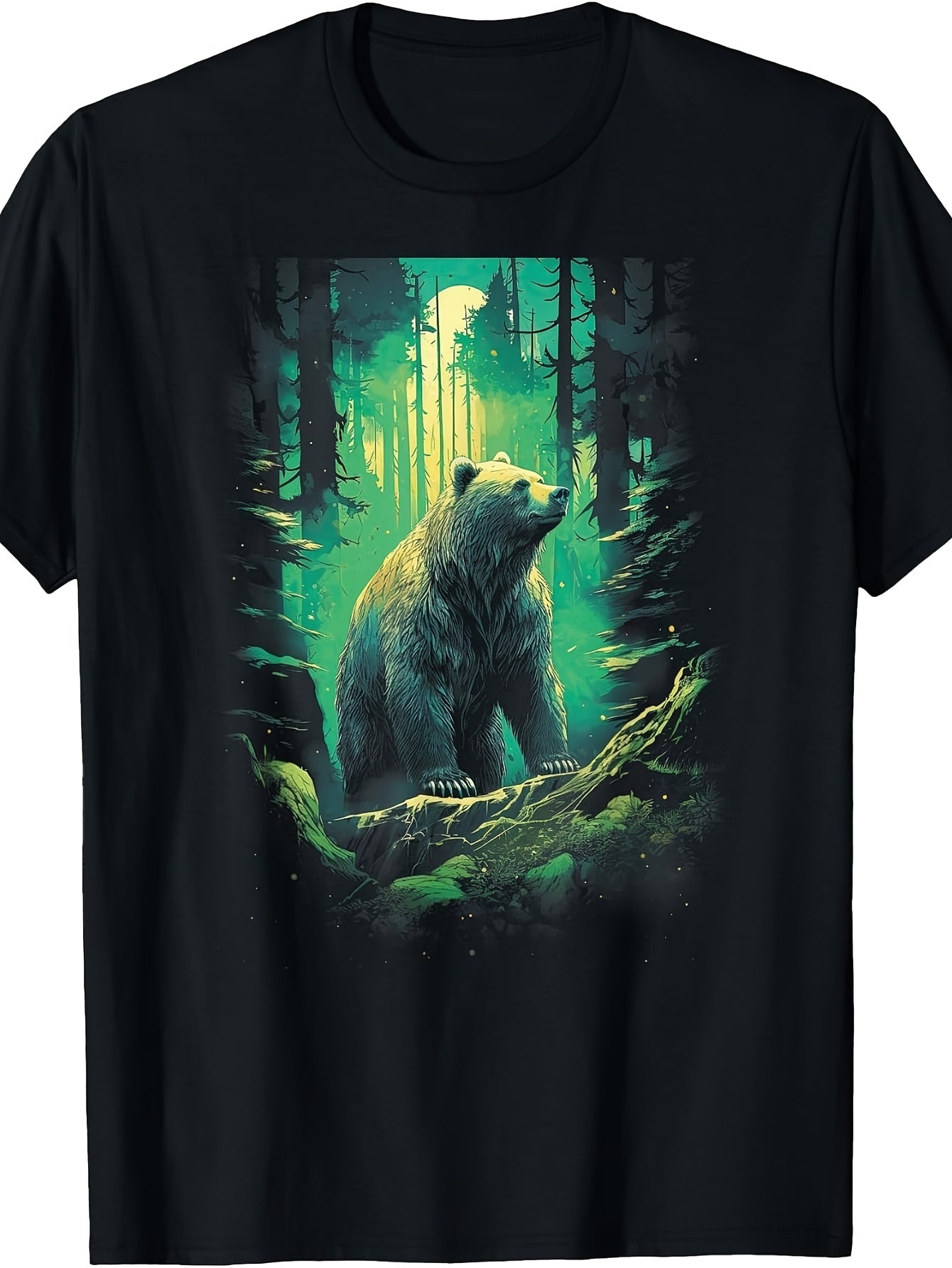 Mystical Forest Bear Art, Men'S And Women'S T-Shirt, Grizzly Bear in Glowing Green Woods Design, Outdoor Adventure Summer Wear