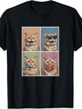 Vintage Retro Style, Men'S And Women'S T-Shirt, Funny Cat Pop Art Four-Panel Design with Sunglasses And Bubble Gum, Casual Daily Wear Summer Spring Autumn