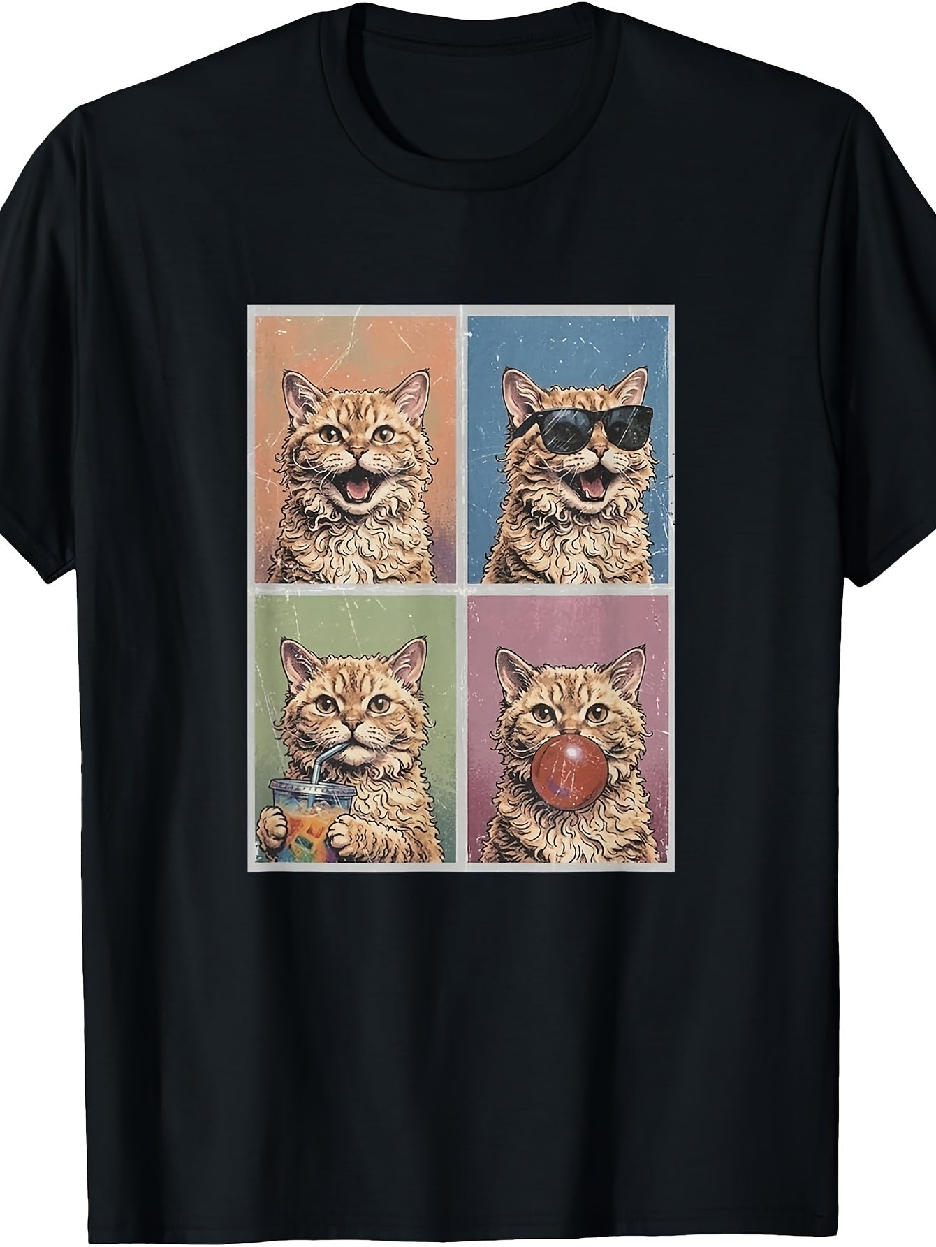 Vintage Retro Style, Men'S And Women'S T-Shirt, Funny Cat Pop Art Four-Panel Design with Sunglasses And Bubble Gum, Casual Daily Wear Summer Spring Autumn