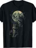 Men'S And Women'S T-Shirt, Gothic Style, Wolf Howling at Moon with Bat Silhouette Night Sky Design, Halloween Autumn Outdoor Casual Wear
