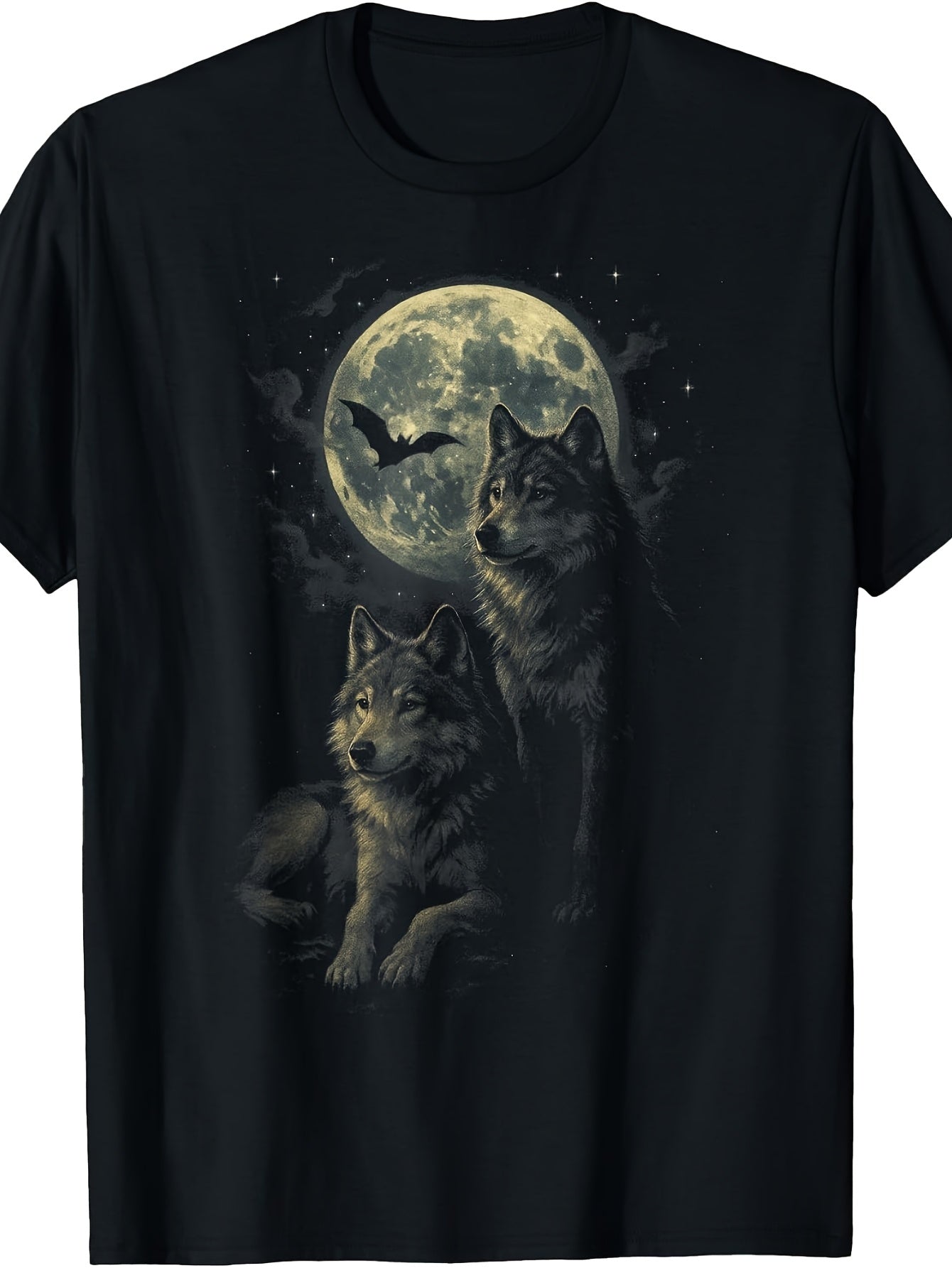 Men'S And Women'S T-Shirt, Gothic Style, Wolf Howling at Moon with Bat Silhouette Night Sky Design, Halloween Autumn Outdoor Casual Wear