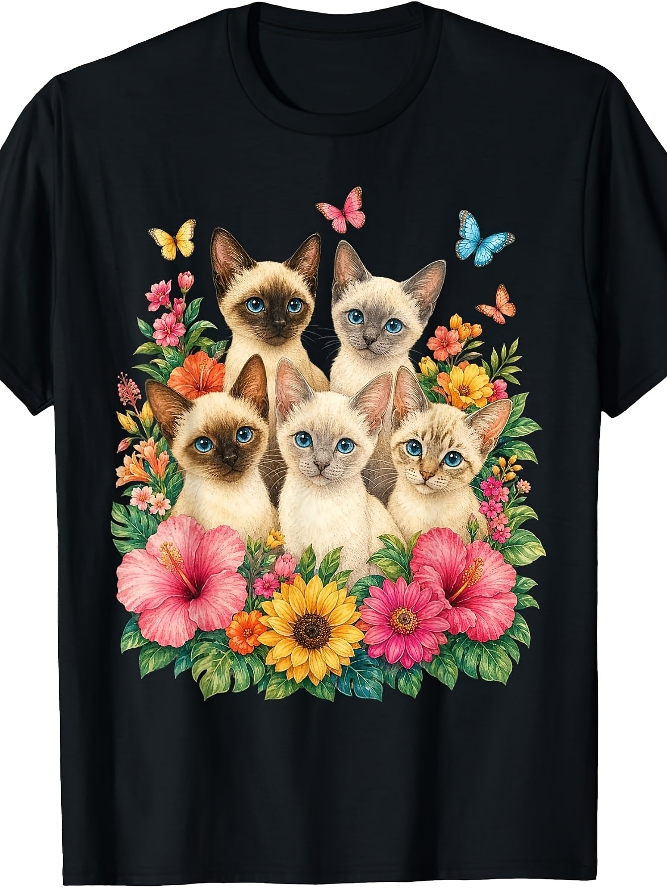 Siamese Cat Colorful Kittens Floral Siamese Cat T-Shirt